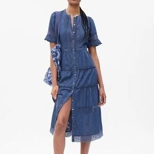 GAP x LoveShackFancy Dark Wash Denim Lace Trim Full Button Tiered Midi Dress XS